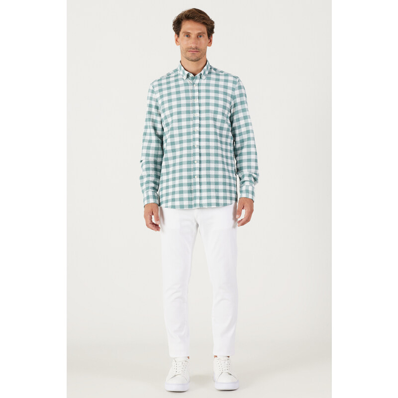 AC&Co / Altınyıldız Classics Men's White-green Slim Fit Slim Fit Button-down Collar Check Shirt