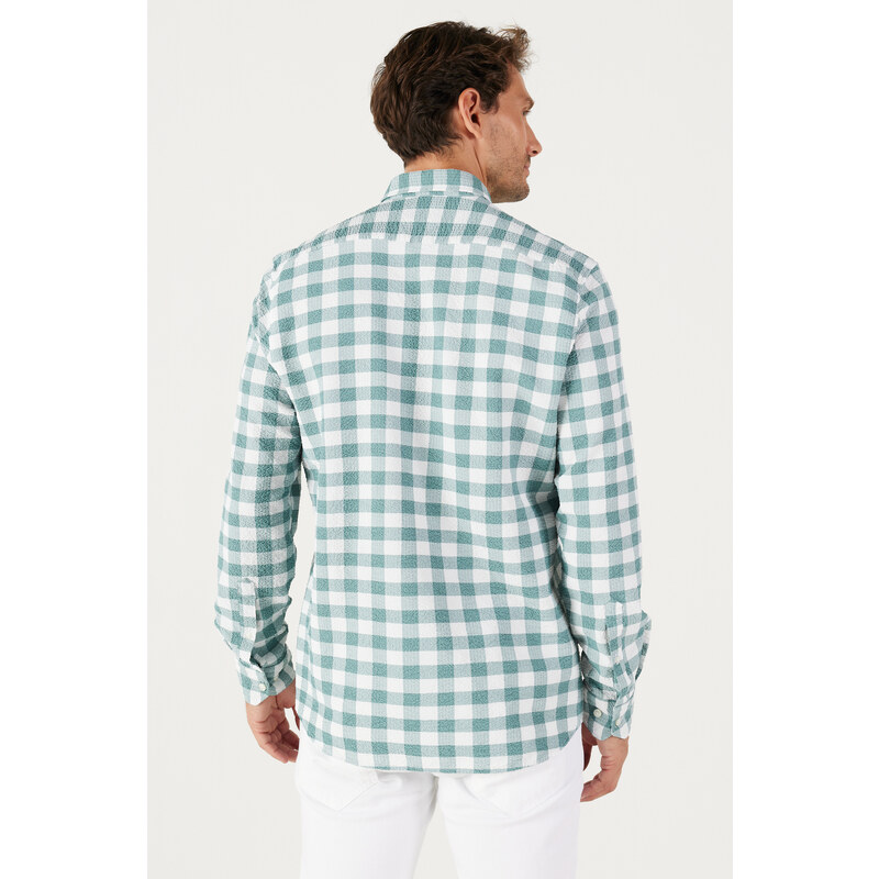 AC&Co / Altınyıldız Classics Men's White-green Slim Fit Slim Fit Button-down Collar Check Shirt