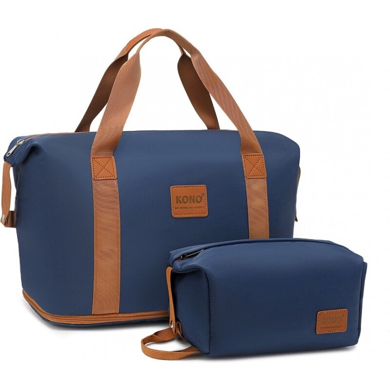 KONO set variabilní cestovní taška a kosmetická taštička - modro hnědá - 26L