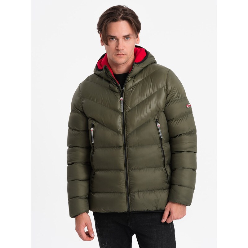 Ombre Men's quilted winter jacket with combined materials - dark olive green