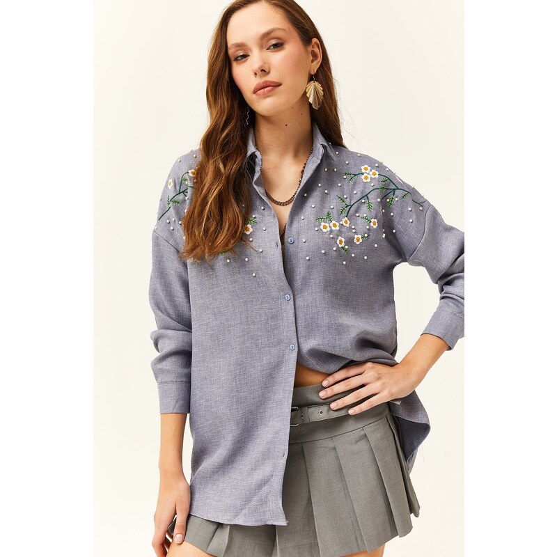 Olalook Women's Indigo Embroidered Pearled Wool Effect Oversize Winter Shirt