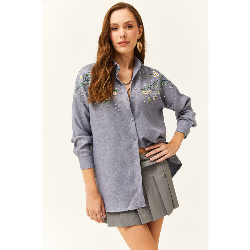 Olalook Women's Indigo Embroidered Pearled Wool Effect Oversize Winter Shirt