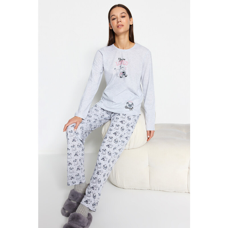 Trendyol Gray Melange Cotton Tshirt-Pants Knitted Pajama Set