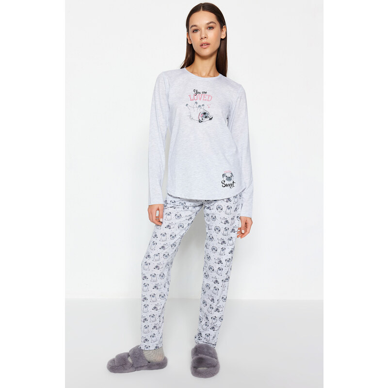 Trendyol Gray Melange Cotton Tshirt-Pants Knitted Pajama Set