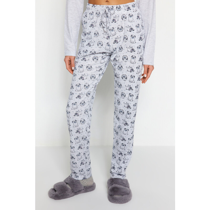 Trendyol Gray Melange Cotton Tshirt-Pants Knitted Pajama Set