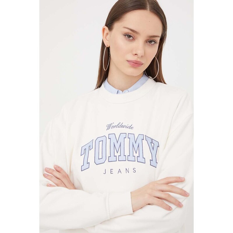 Bavlněná mikina Tommy Jeans dámská, bílá barva, s aplikací