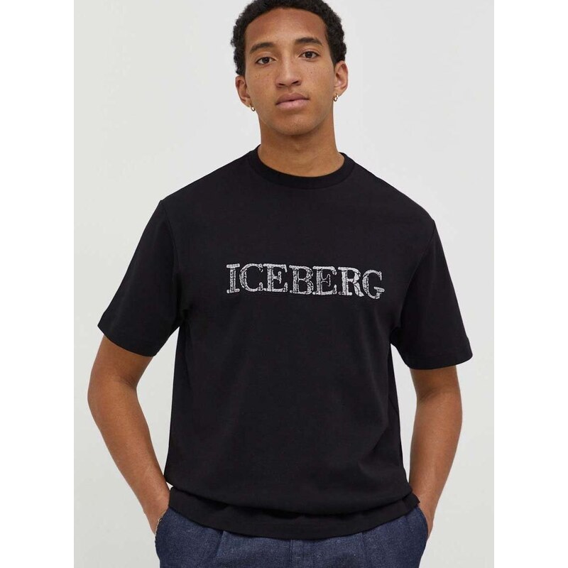 Bavlněné tričko Iceberg černá barva, s potiskem