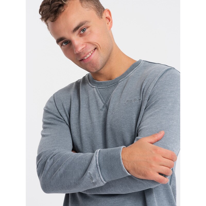 Ombre Washed men's sweatshirt with decorative stitching at the neckline - light blue