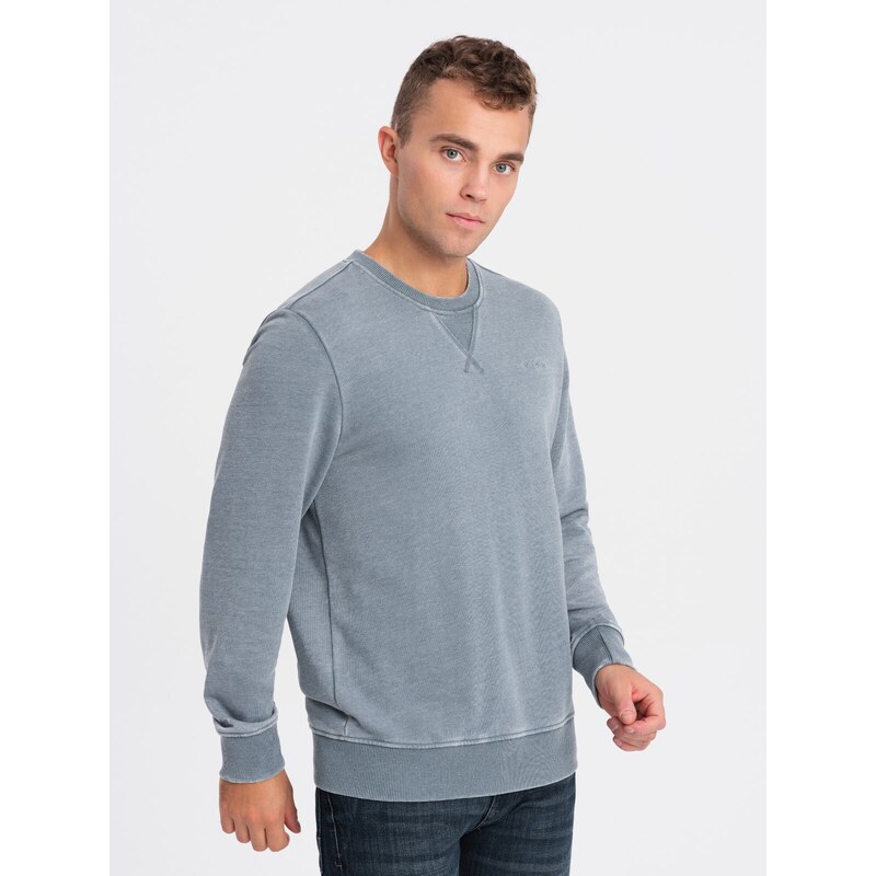 Ombre Washed men's sweatshirt with decorative stitching at the neckline - light blue