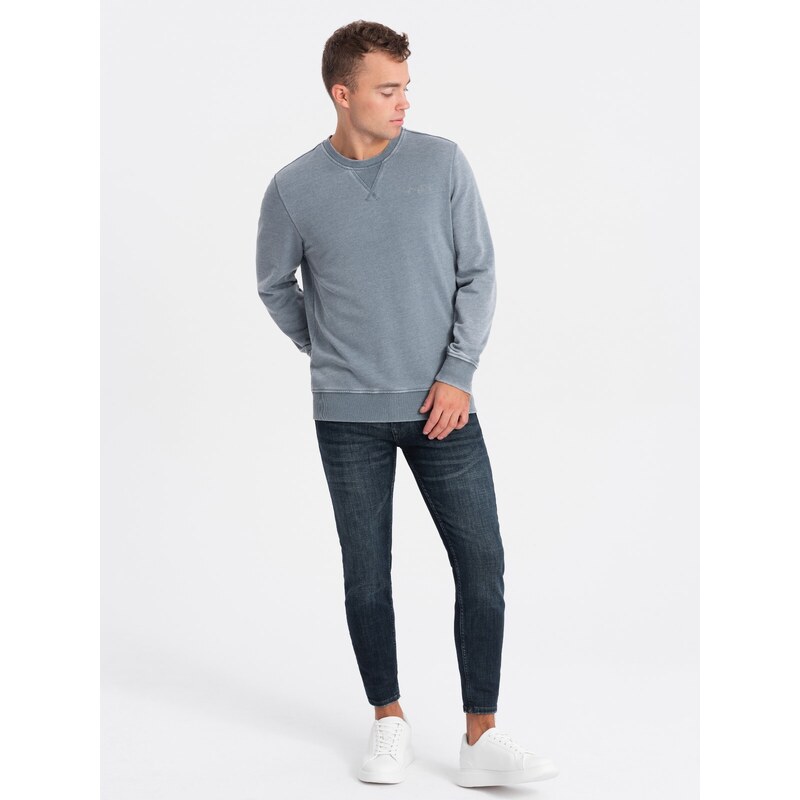 Ombre Washed men's sweatshirt with decorative stitching at the neckline - light blue