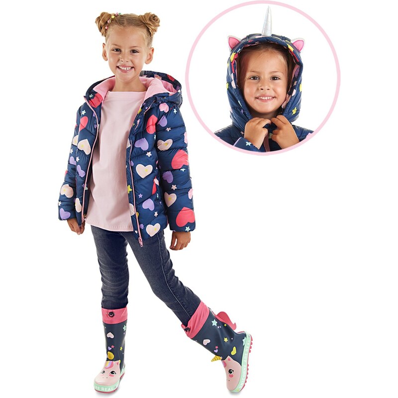 Denokids Unicorn Girls' Water Repellent Hooded Navy Blue Coat