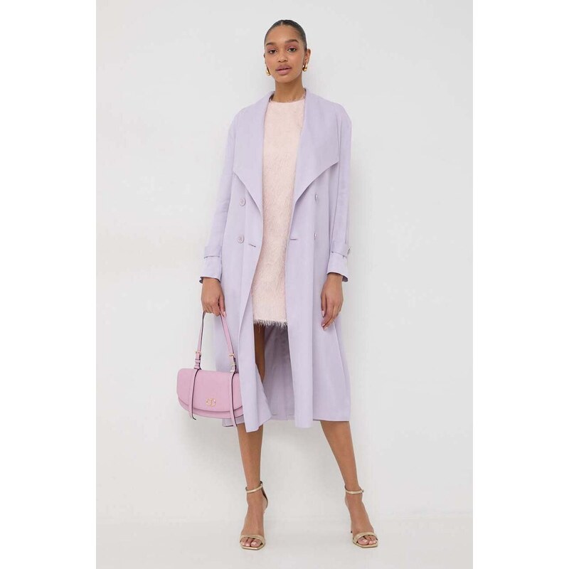 Kabát Twinset dámský, fialová barva, přechodný, dvouřadový