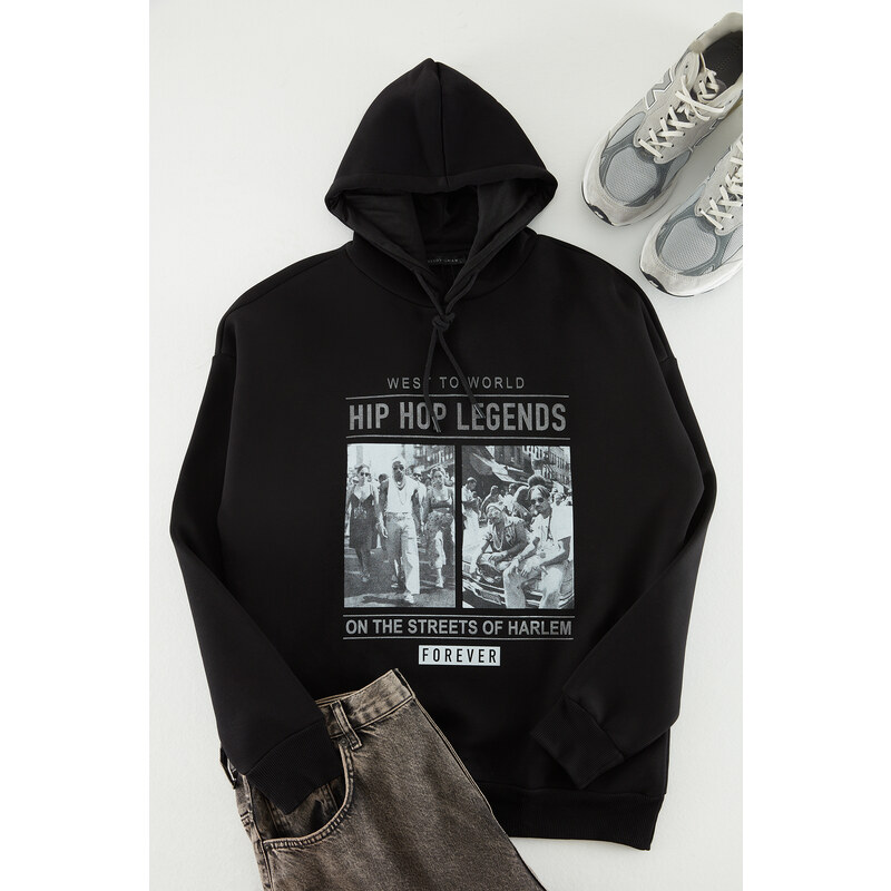 Trendyol Black Men's Oversize/Wide Cut Rap Music Printed Cotton Sweatshirt with Fleece Inside