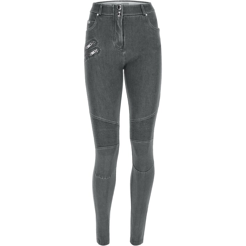 Freddy kalhoty WR.UP SNUGS v džínové šedé barvě, prošívání na kolenou, reálné kapsy, vysoký pas na knoflíčky, superskinny střih