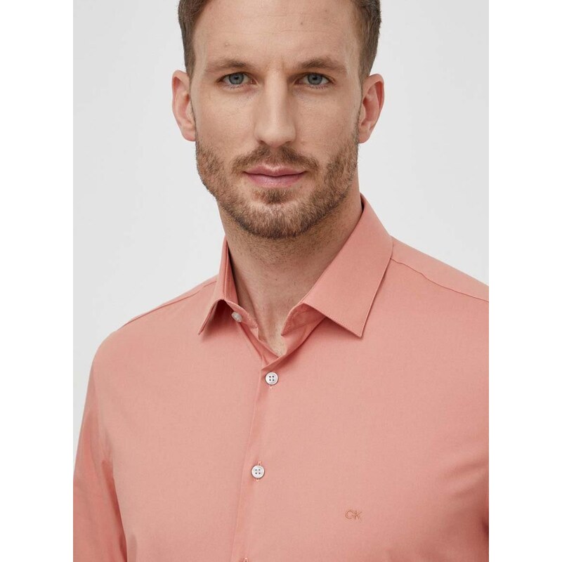Košile Calvin Klein pánská, růžová barva, slim, s klasickým límcem