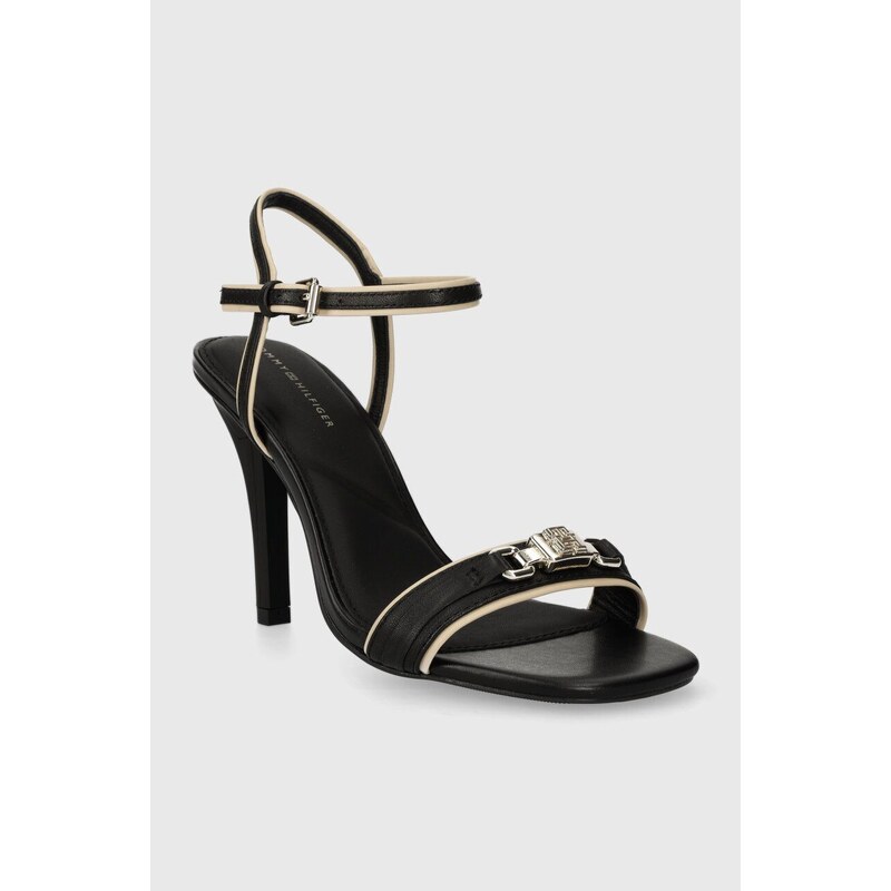 Kožené sandály Tommy Hilfiger TH HARDWARE HEELED SANDAL černá barva, FW0FW07796