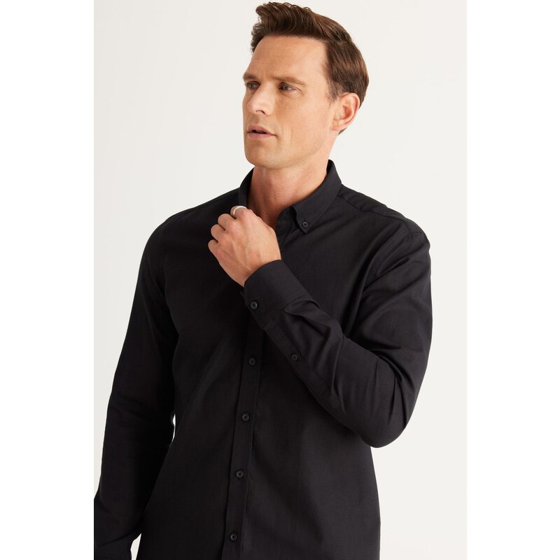 AC&Co / Altınyıldız Classics Men's Black Slim Fit Slim Fit Buttoned Collar Linen Look 100% Cotton Flared Shirt