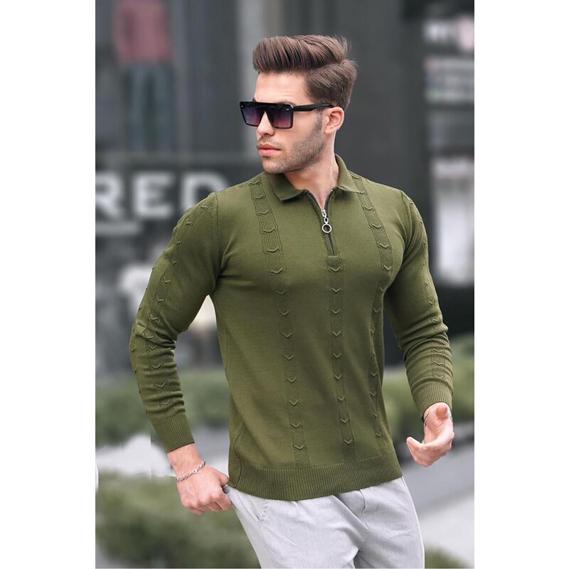 Madmext Khaki Zipper Detailed Knitwear Sweater 5606