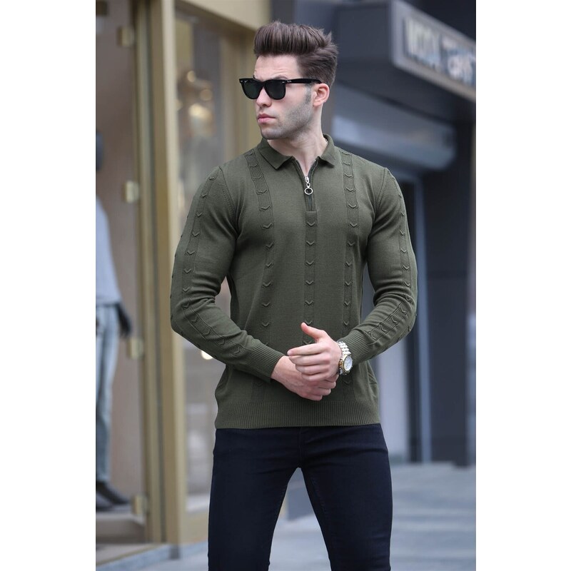 Madmext Khaki Zipper Detailed Knitwear Sweater 5606