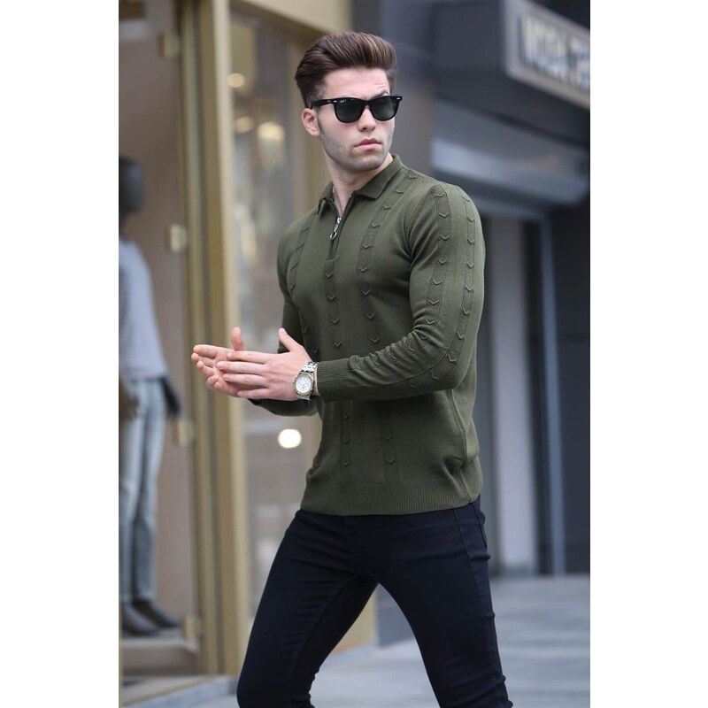 Madmext Khaki Zipper Detailed Knitwear Sweater 5606