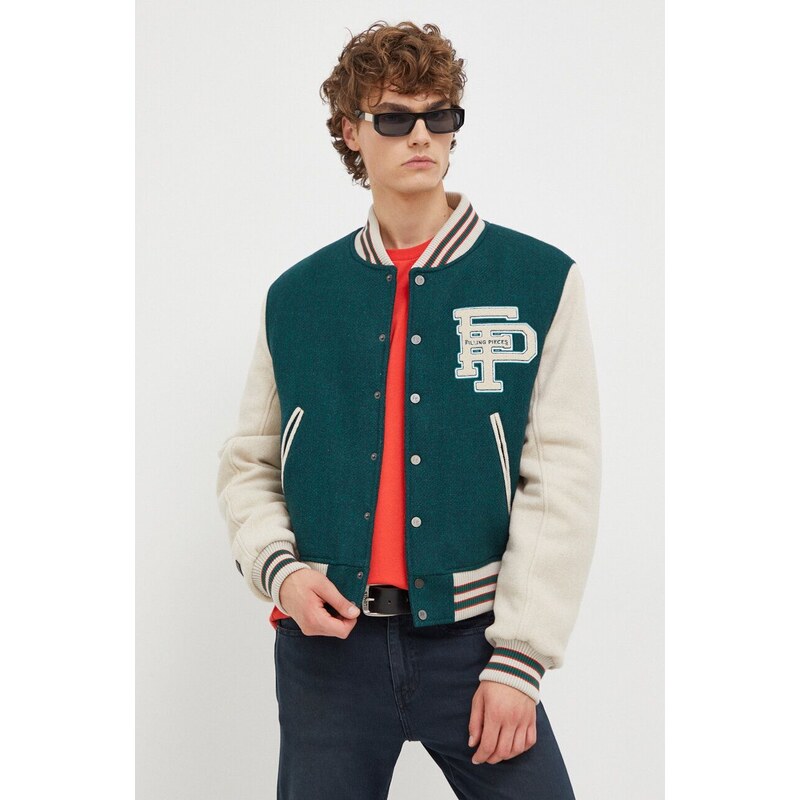 Vlněná bomber bunda Filling Pieces Varsity Jacket zelená barva, přechodná, oversize, 78616982011