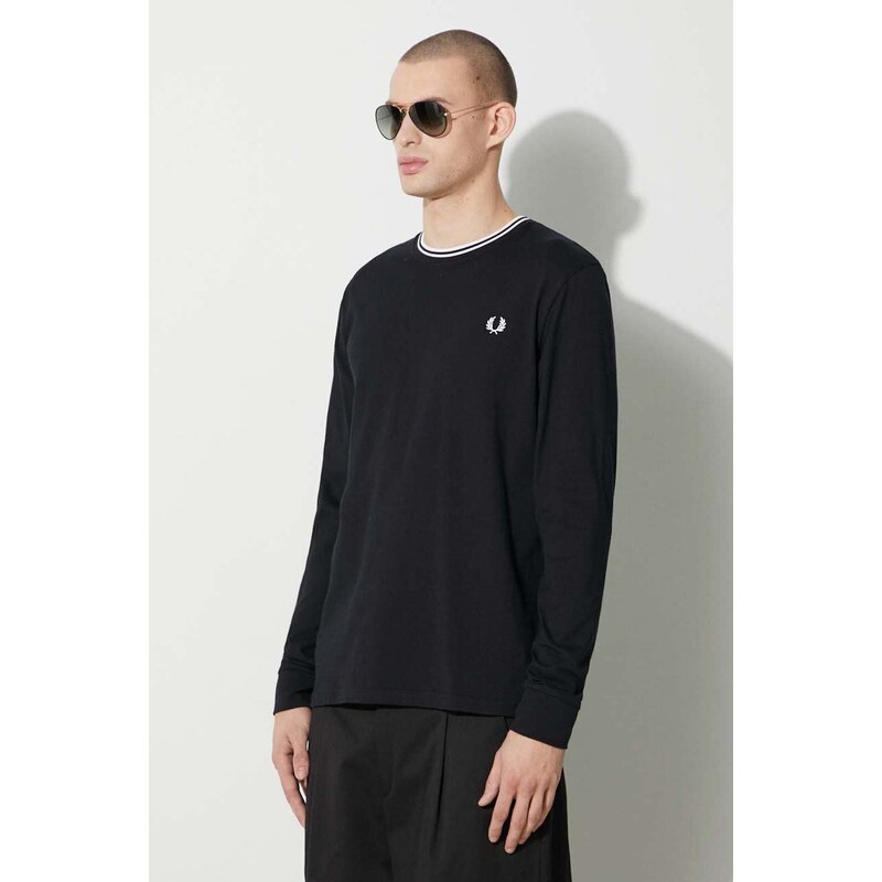 Bavlněné tričko s dlouhým rukávem Fred Perry černá barva, s aplikací, M9602.102