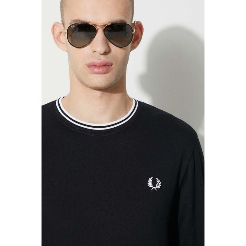 Bavlněné tričko s dlouhým rukávem Fred Perry černá barva, s aplikací, M9602.102