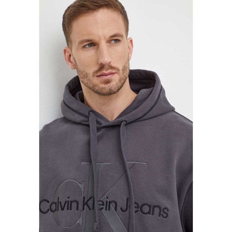 Bavlněná mikina Calvin Klein Jeans pánská, šedá barva, s kapucí, s aplikací
