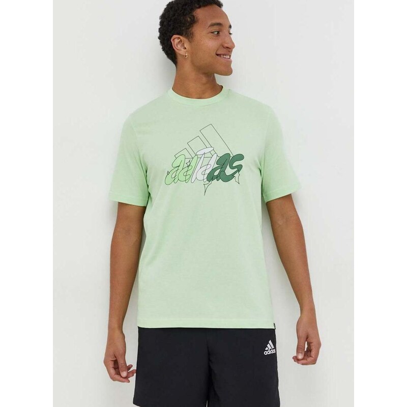 Bavlněné tričko adidas zelená barva, s potiskem, IN6243