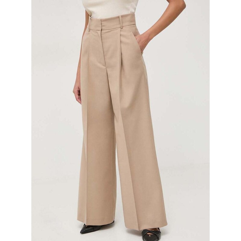 Kalhoty s příměsí vlny Ivy Oak béžová barva, široké, high waist