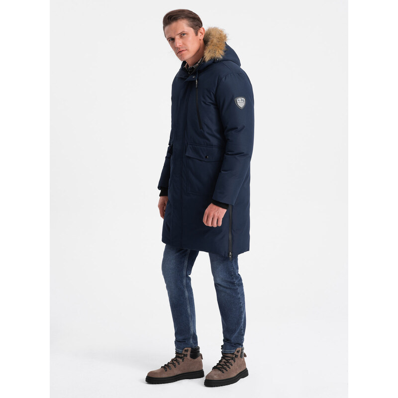 Ombre Alaskan men's winter jacket with detachable fur from the hood - navy blue