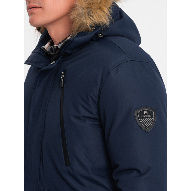 Ombre Alaskan men's winter jacket with detachable fur from the hood - navy blue