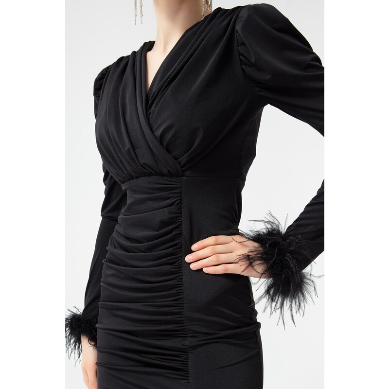 Lafaba Women's Black Double-breasted Collar Evening Dress with Pile Sleeves and Slits.