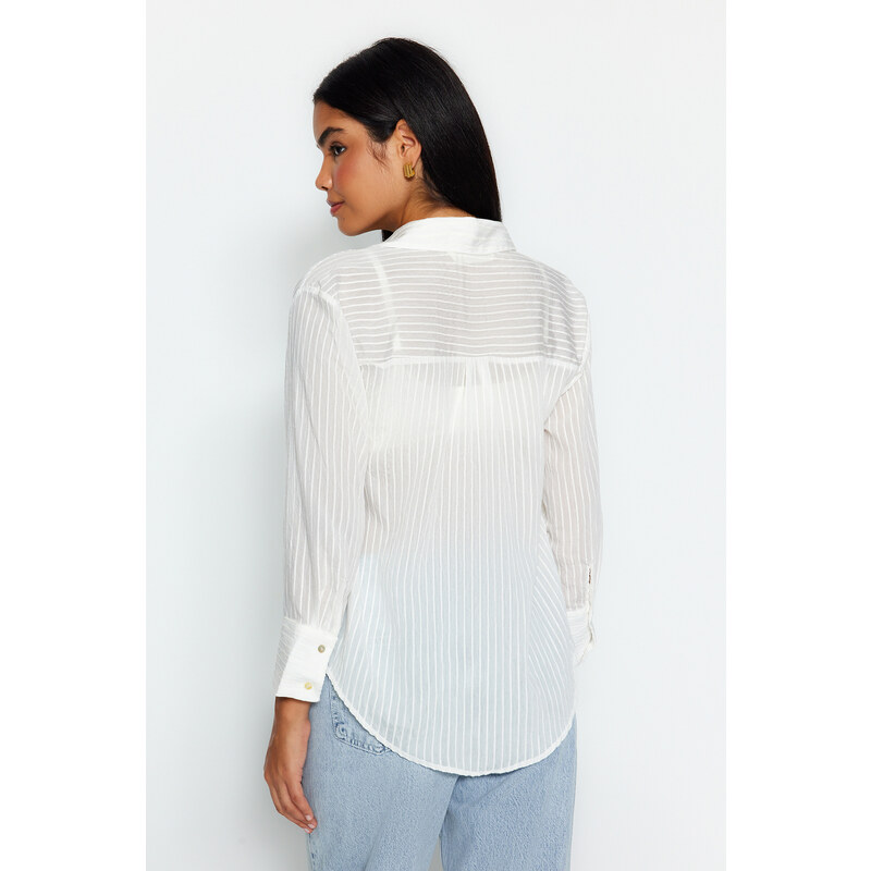 Trendyol Ecru Fabric Self-Striped Transparent Oversize Wide Fit Woven Shirt