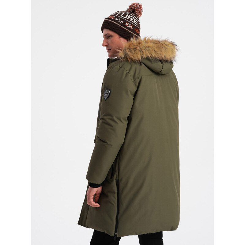 Ombre Alaskan men's winter jacket with detachable fur from the hood - dark olive green