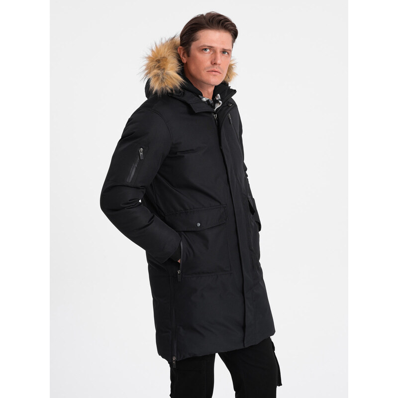 Ombre Clothing Pánská zimní bunda Alaskan s odnímatelnou kožešinou z kapuce - černá V2 OM-JALJ-0148