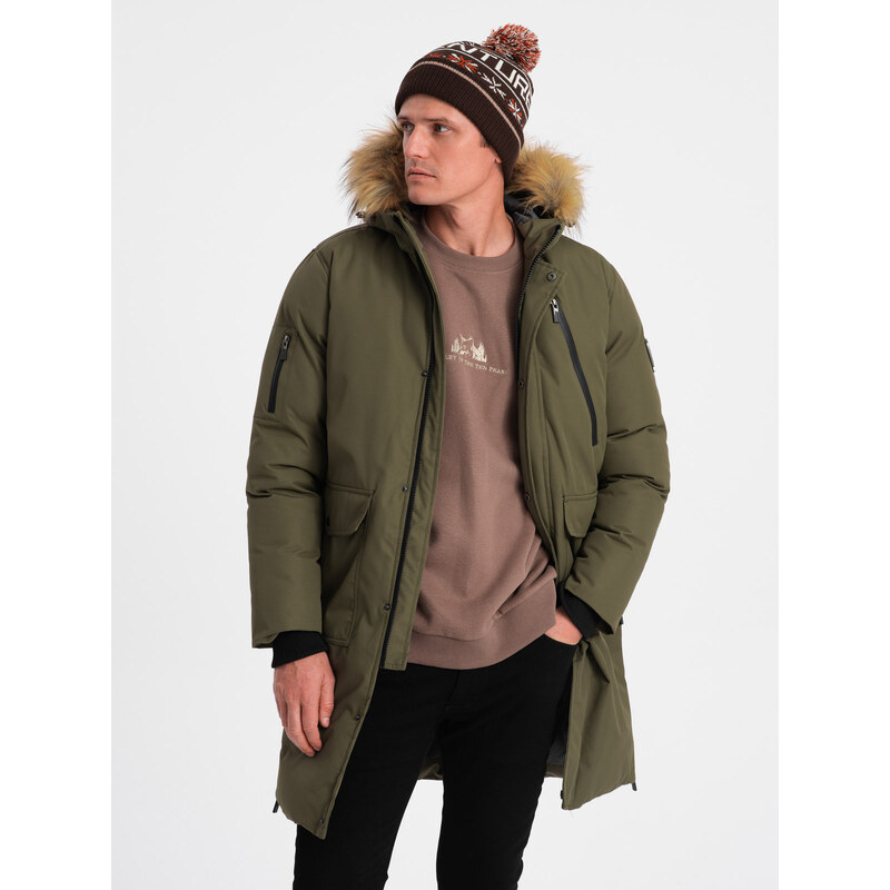 Ombre Alaskan men's winter jacket with detachable fur from the hood - dark olive green