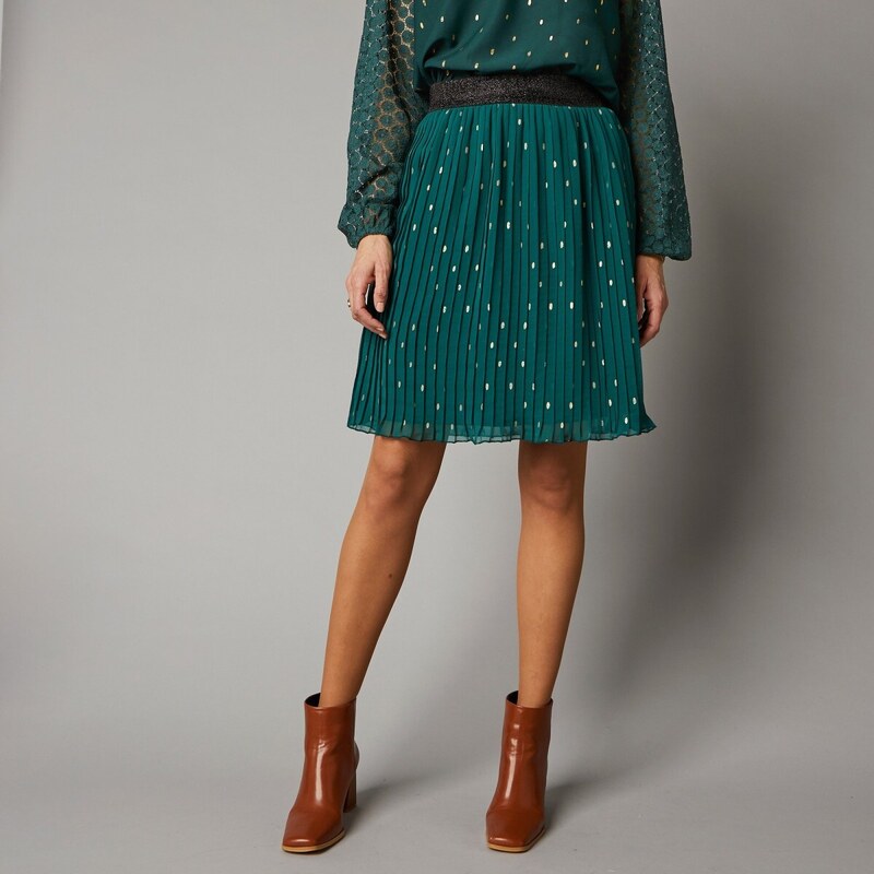 Blancheporte Krátká plisovaná sukně z voálu zelená/zlatá 46/48