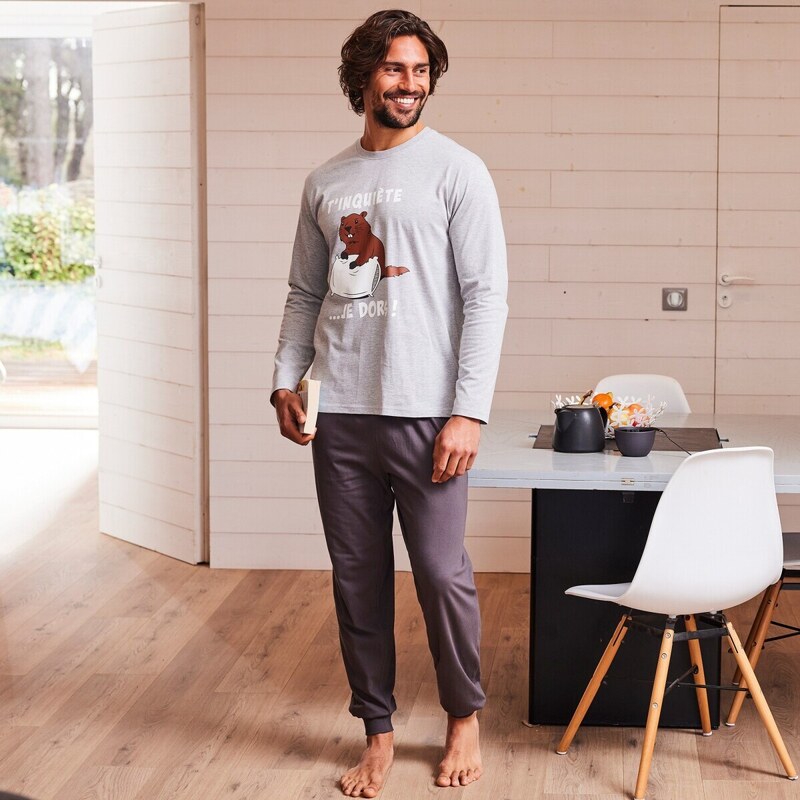 Blancheporte Pyžamo s kalhotami, dlouhými rukávy a potiskem sviště šedý melír 107/116 (XL)