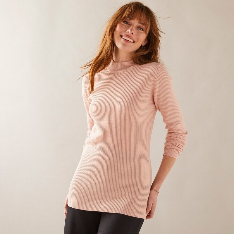 Blancheporte Žebrovaný pulovr se stojáčkem růžová pudrová 42/44
