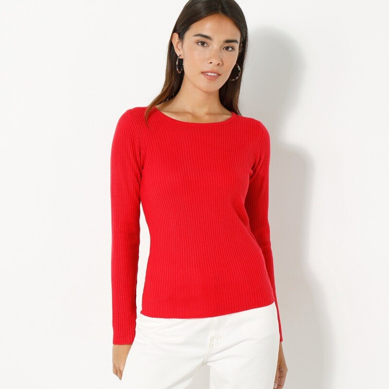 Blancheporte Žebrovaný pulovr s kulatým výstřihem červená 34/36