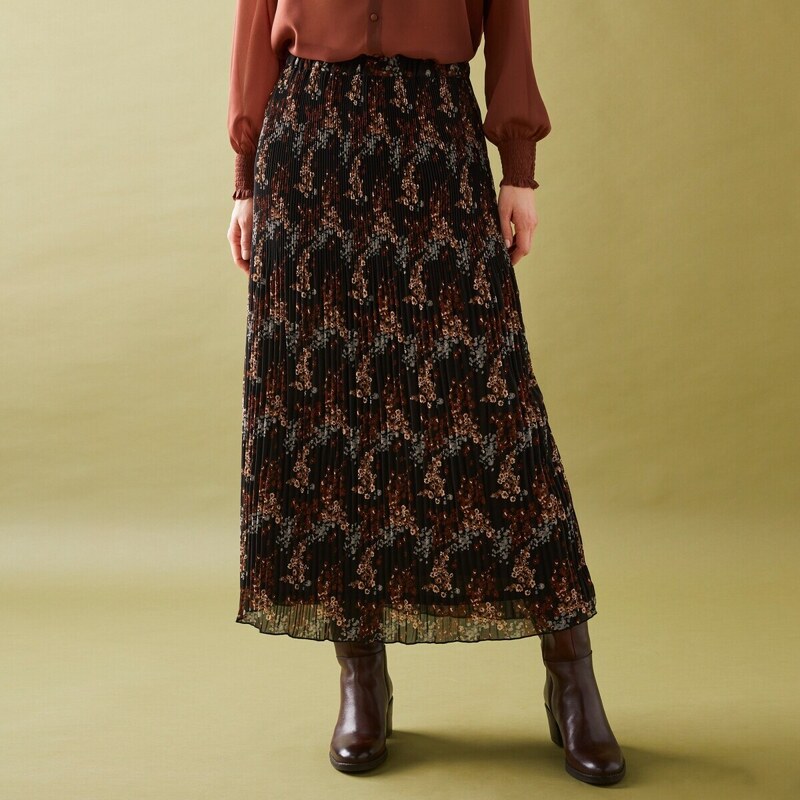 Blancheporte Plisovaná sukně s potiskem květin z recyklovaného polyesteru (1), pro vysokou postavu černá/karamelová 54