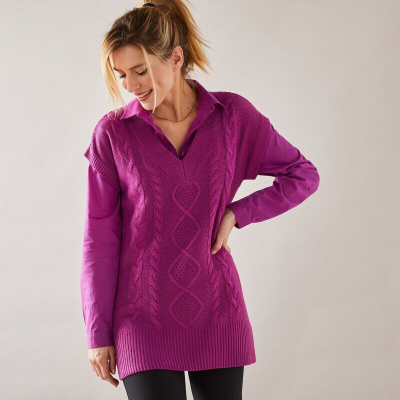 Blancheporte Tunikový pulovr s copánkvým vzorem a krátkými rukávy purpurová 34/36