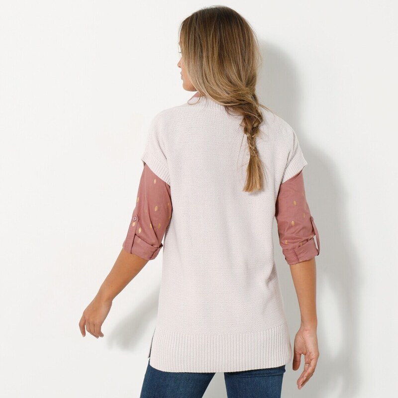 Blancheporte Tunikový pulovr s copánkvým vzorem a krátkými rukávy růžovo béžová 38/40