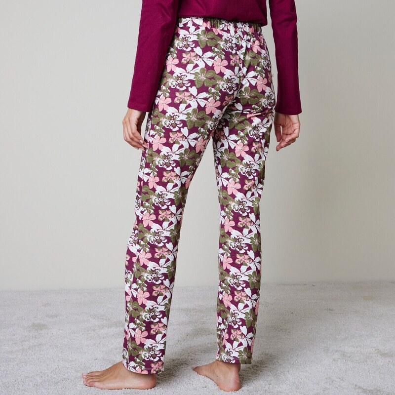 Blancheporte Pyžamové kalhoty s celopotiskem květin bordó/růžová 42/44