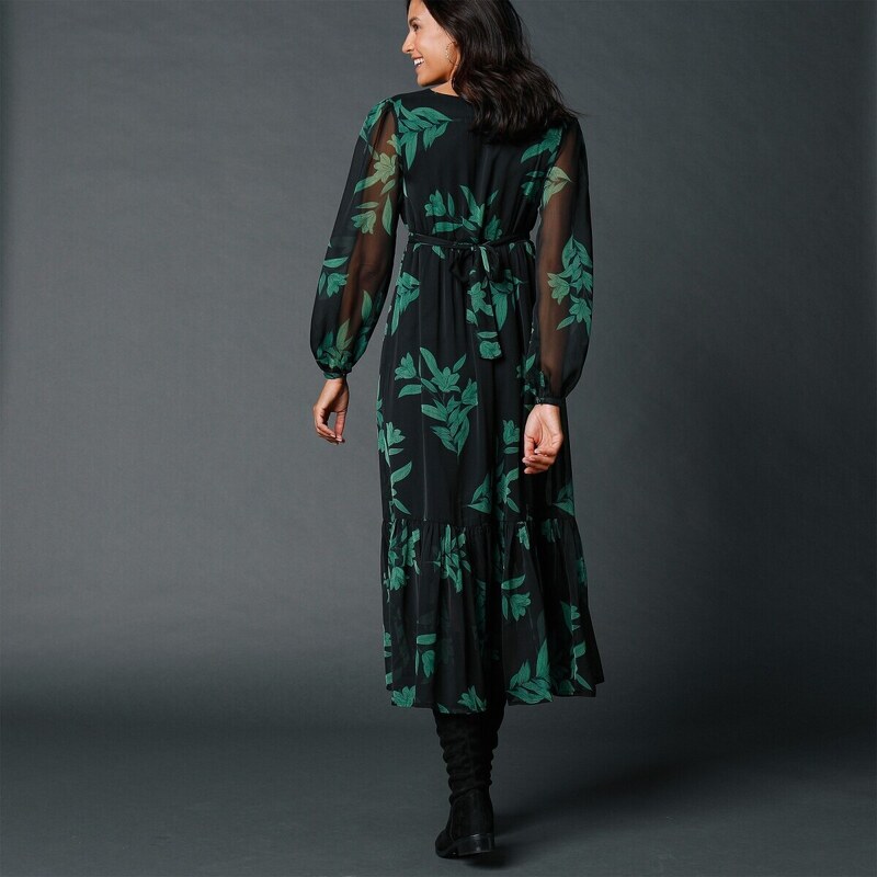 Blancheporte Dlouhé volánové šaty s potiskem černá/zelená 36