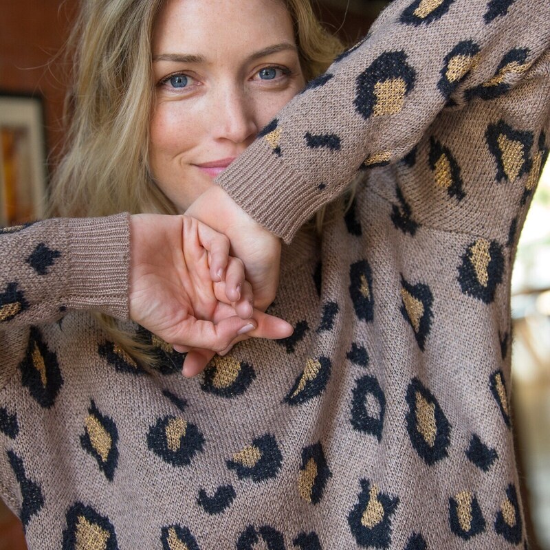 Blancheporte Žakárový pulovr se třpytivým vzorem zvířecí srsti oříšková/zlatá 42/44
