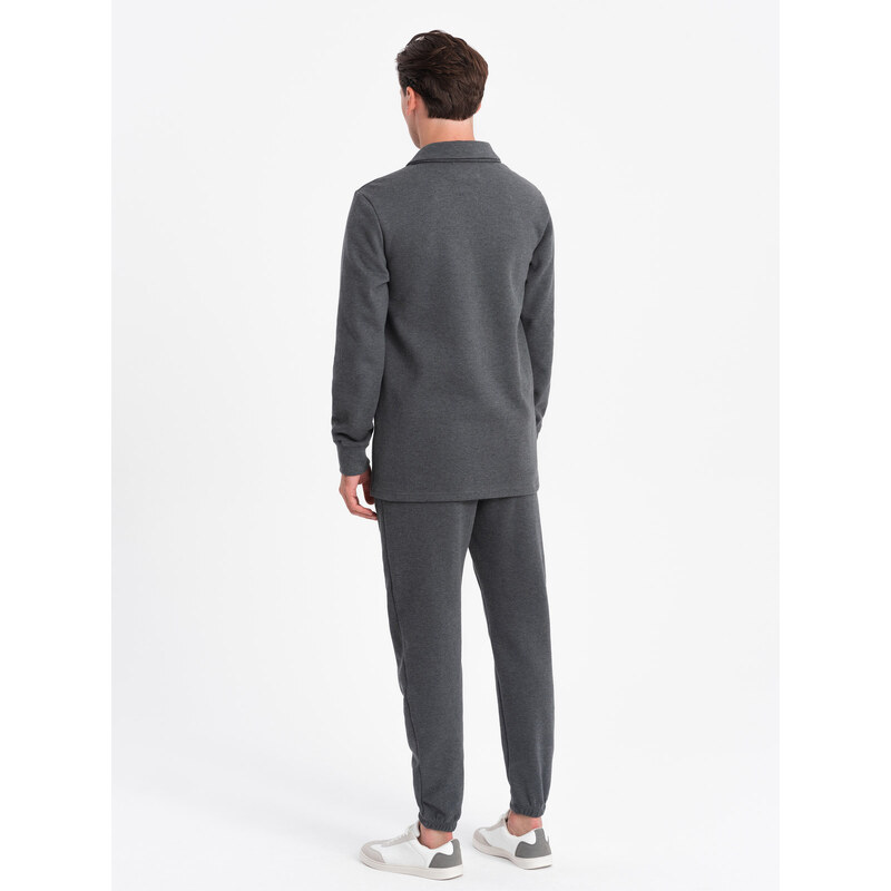 Ombre Clothing Pánská tepláková souprava mikina s polo límcem + kalhoty - grafitový melír V1 Z71