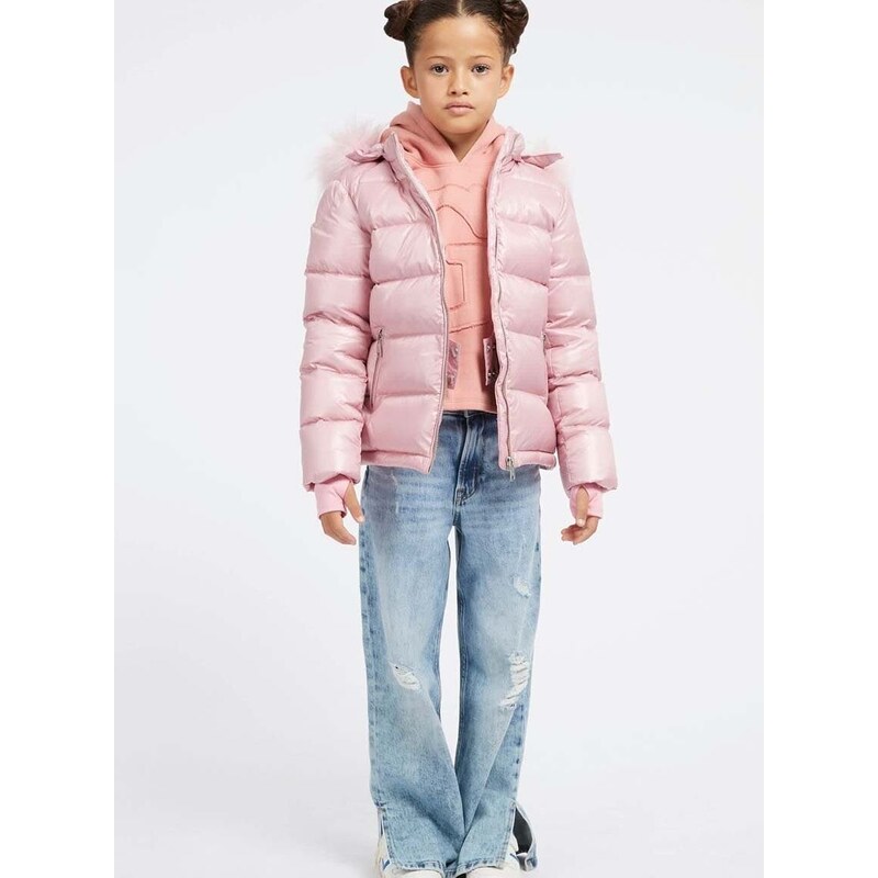 Dětská péřová bunda Guess růžová barva