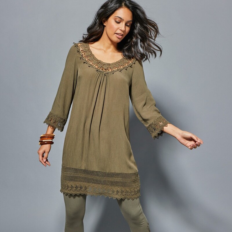 Blancheporte Kreponová tunika s 3/4 rukávy a macramé khaki